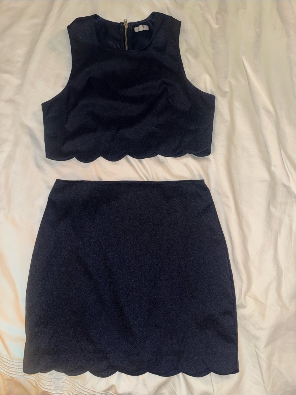 Scalloped navy top and skirt set